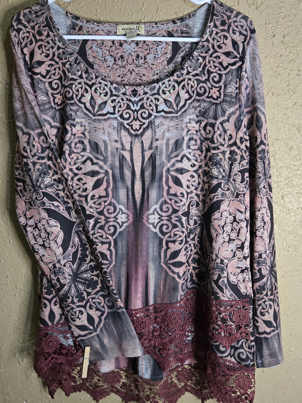 ONE WORLD Pink and Black Paisley Lace-Hem Long Sleeve Top